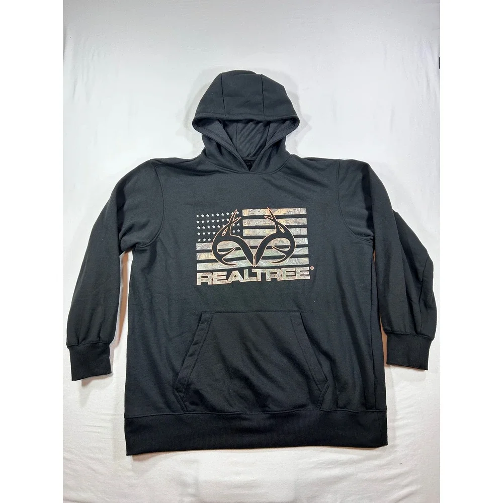 Realtree Mens Fleece Hoodie Black Camo American Flag Logo Sweatshirt XL